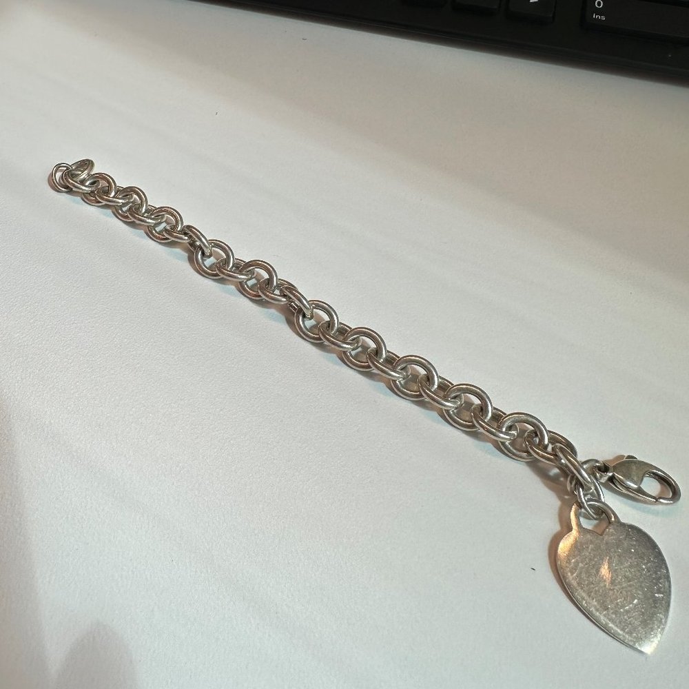 7" Vintage Tiffany Blank Heart Tag Silver Chain Bracelet